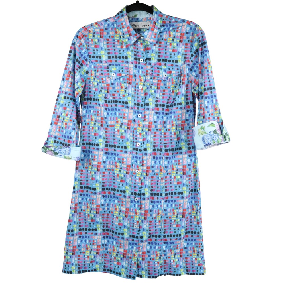Dizzy Lizzie Blue Confetti Print Pattern Shirt Dress Womens Small Abstract Art